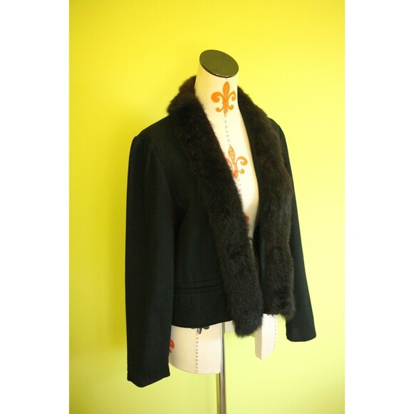 VTG NORGAIL 100% Wool Open Front Short Jacket Faux Mink Fur Black USA Made - Picture 2 of 12